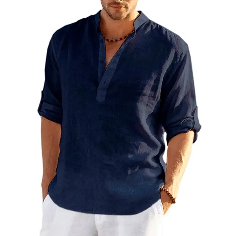 Linen Long Sleeve Shirt Solid Color Casual Long Sleeve Cotton Linen Shirt Tops Size S-5XL