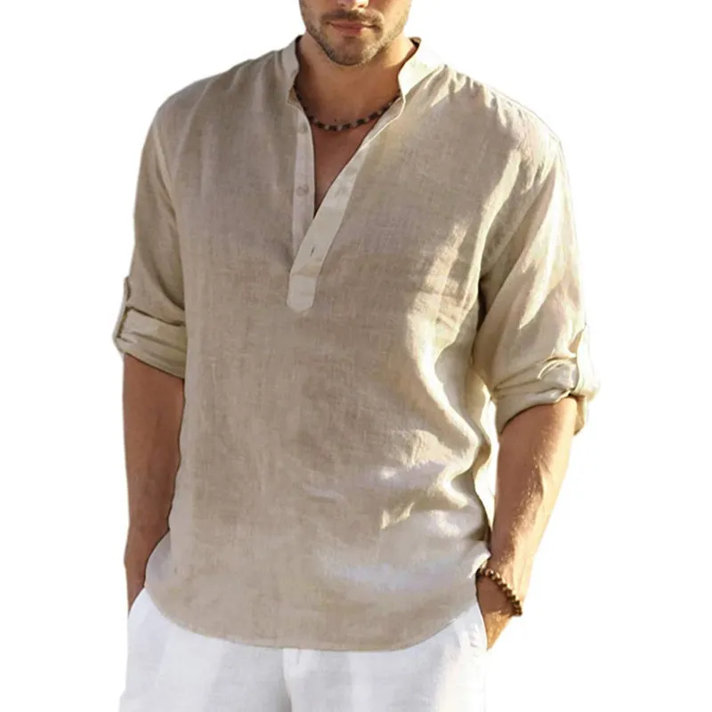 Linen Long Sleeve Shirt Solid Color Casual Long Sleeve Cotton Linen Shirt Tops Size S-5XL