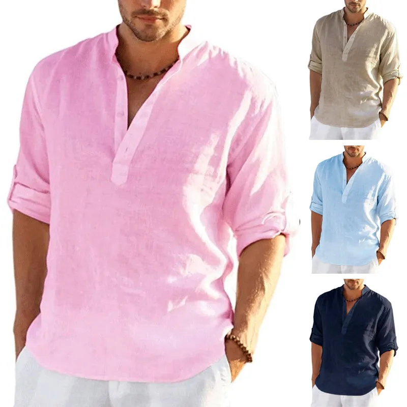 Linen Long Sleeve Shirt Solid Color Casual Long Sleeve Cotton Linen Shirt Tops Size S-5XL