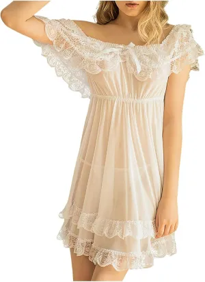 Lingerie for Women Lace Babydoll Off Shoulder Tiered Ruffle Sheer Chemise Slip Nightgown Sexy Sleepwear Nightdress