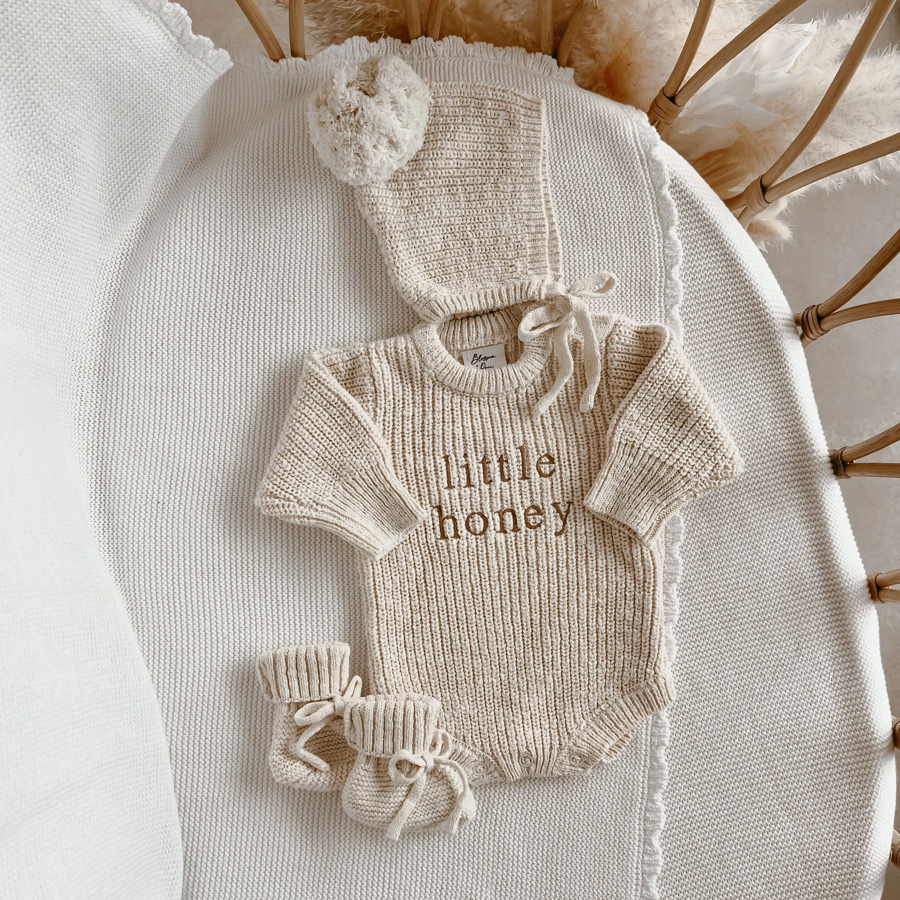 'Little Honey' Chunky Knit Romper & Bonnet Bundle  PRE ORDER EST DISPATCH MID - LATE MARCH