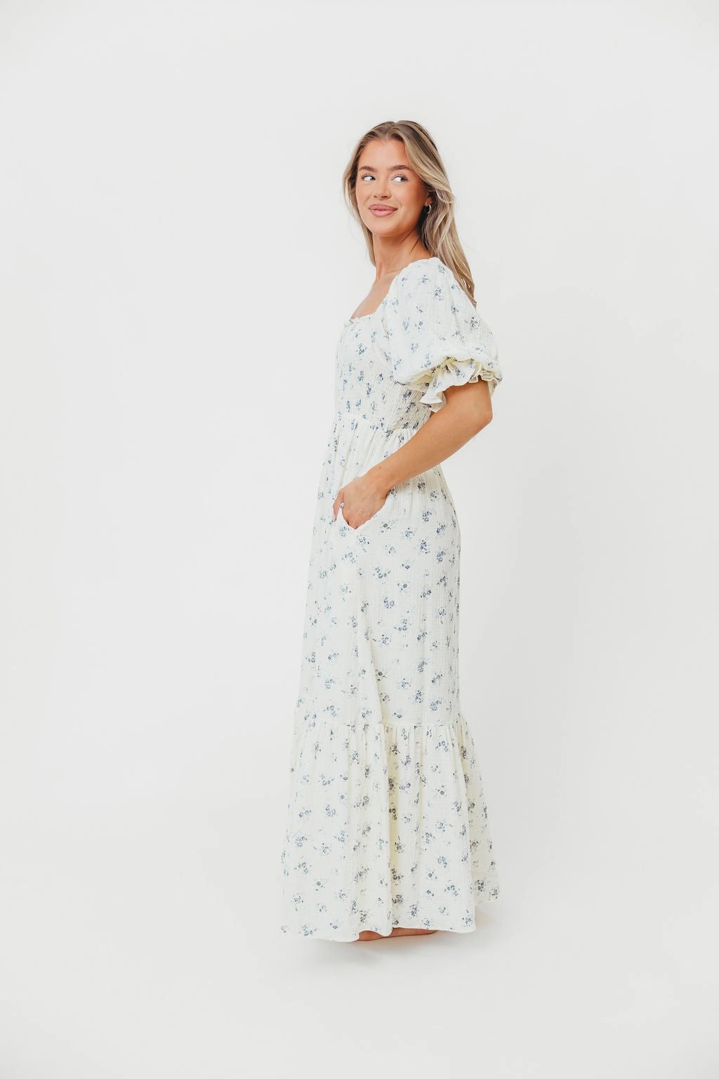 Livvy 100% Cotton Maxi Dress in Dusty Blue Floral - Bump Friendly & Inclusive Sizing