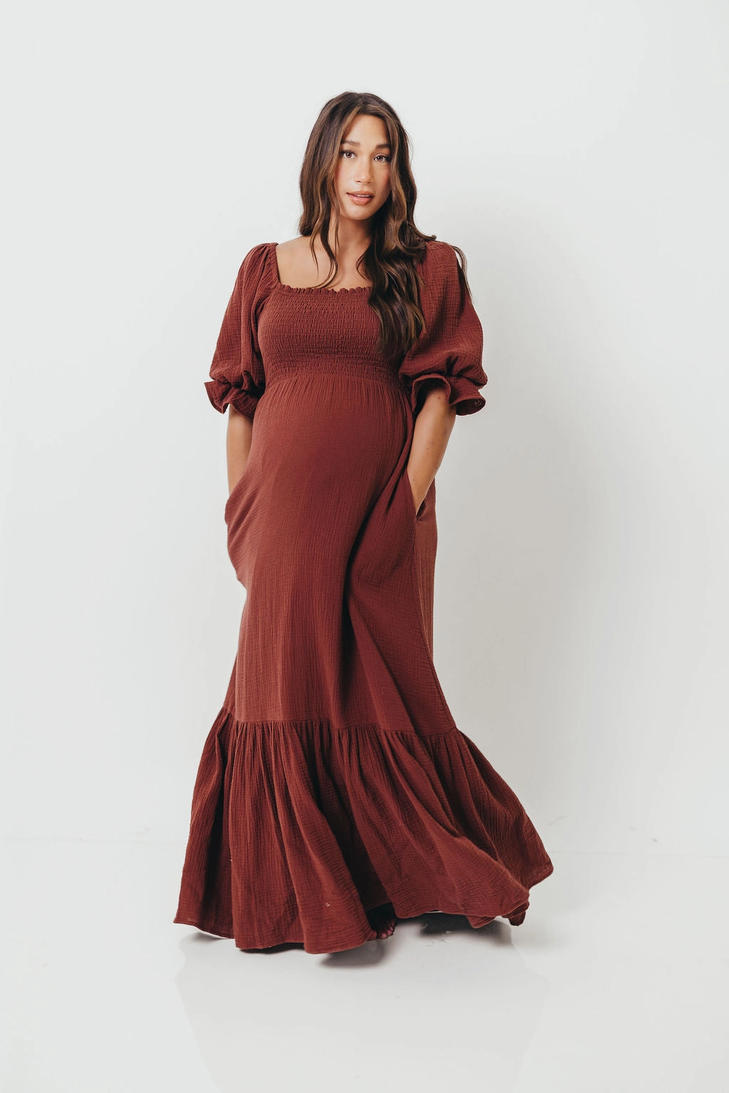 Livvy 100% Cotton Maxi Dress in Rust Brown - Bump Friendly