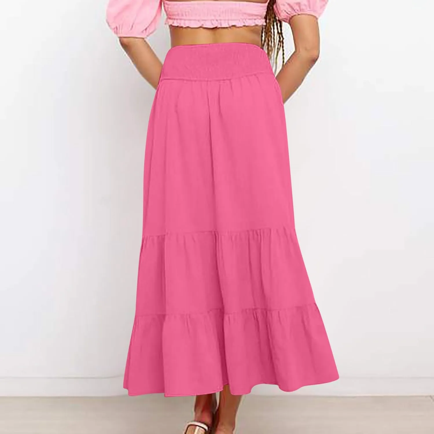 Lmdudan 2025 Women Summer Casual Elegant Smock Layered Tiered Maxi Skirt High Waisted A Line Flowy Long Skirts with Pockets