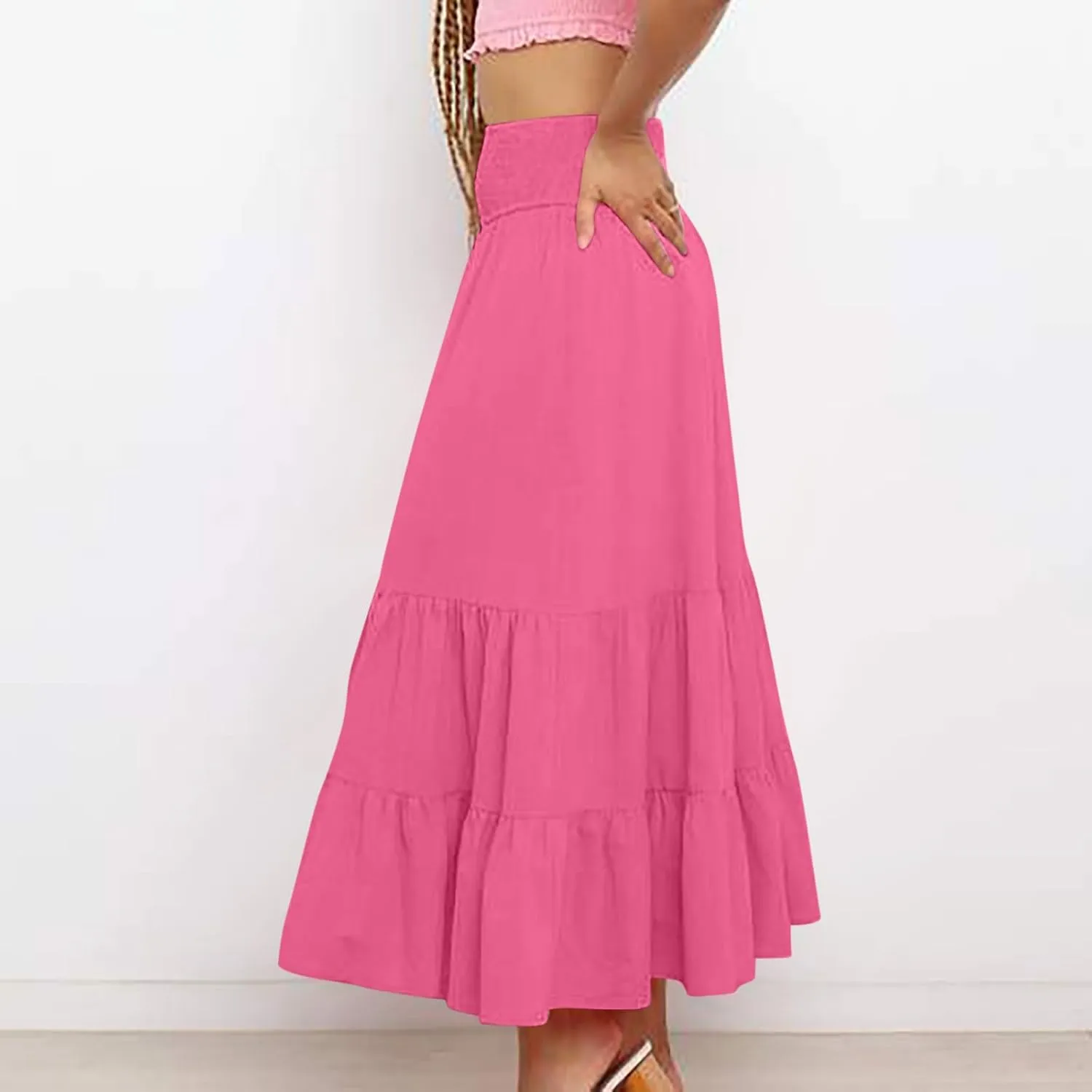Lmdudan 2025 Women Summer Casual Elegant Smock Layered Tiered Maxi Skirt High Waisted A Line Flowy Long Skirts with Pockets