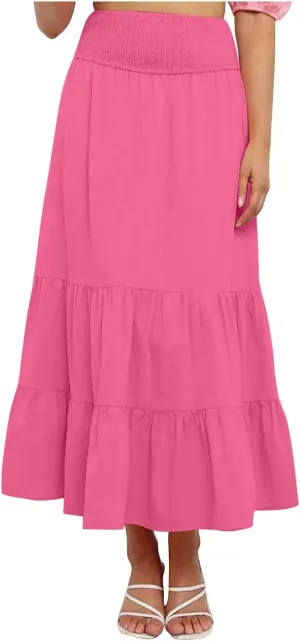 Lmdudan 2025 Women Summer Casual Elegant Smock Layered Tiered Maxi Skirt High Waisted A Line Flowy Long Skirts with Pockets