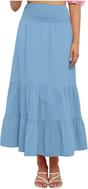 Lmdudan 2025 Women Summer Casual Elegant Smock Layered Tiered Maxi Skirt High Waisted A Line Flowy Long Skirts with Pockets