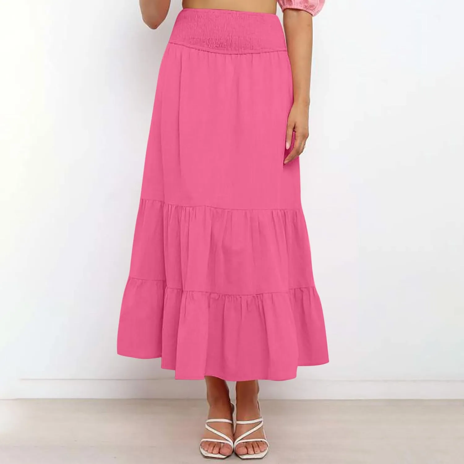 Lmdudan 2025 Women Summer Casual Elegant Smock Layered Tiered Maxi Skirt High Waisted A Line Flowy Long Skirts with Pockets