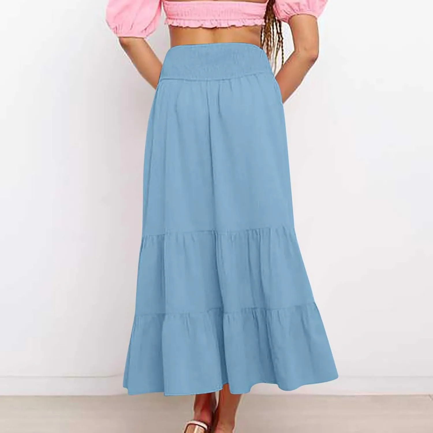 Lmdudan 2025 Women Summer Casual Elegant Smock Layered Tiered Maxi Skirt High Waisted A Line Flowy Long Skirts with Pockets