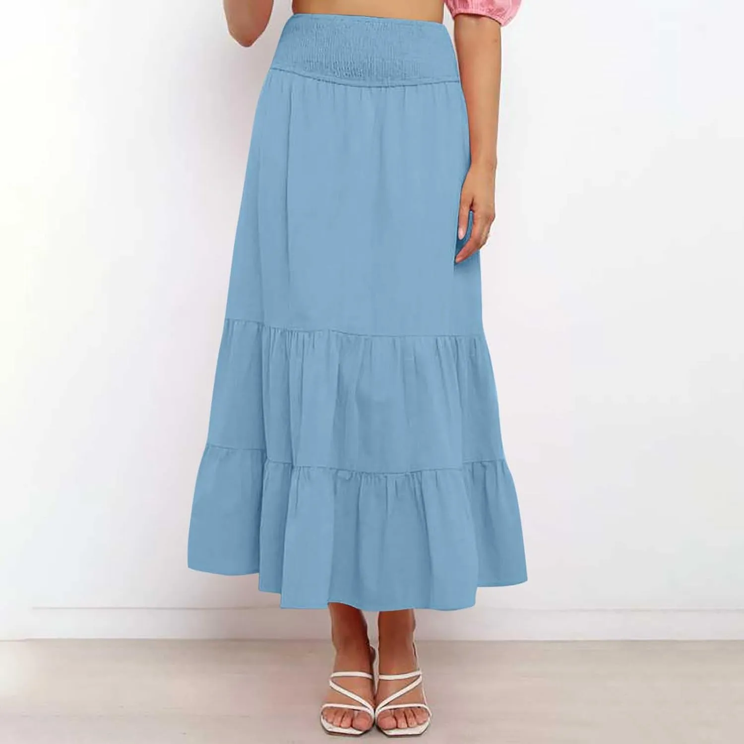 Lmdudan 2025 Women Summer Casual Elegant Smock Layered Tiered Maxi Skirt High Waisted A Line Flowy Long Skirts with Pockets