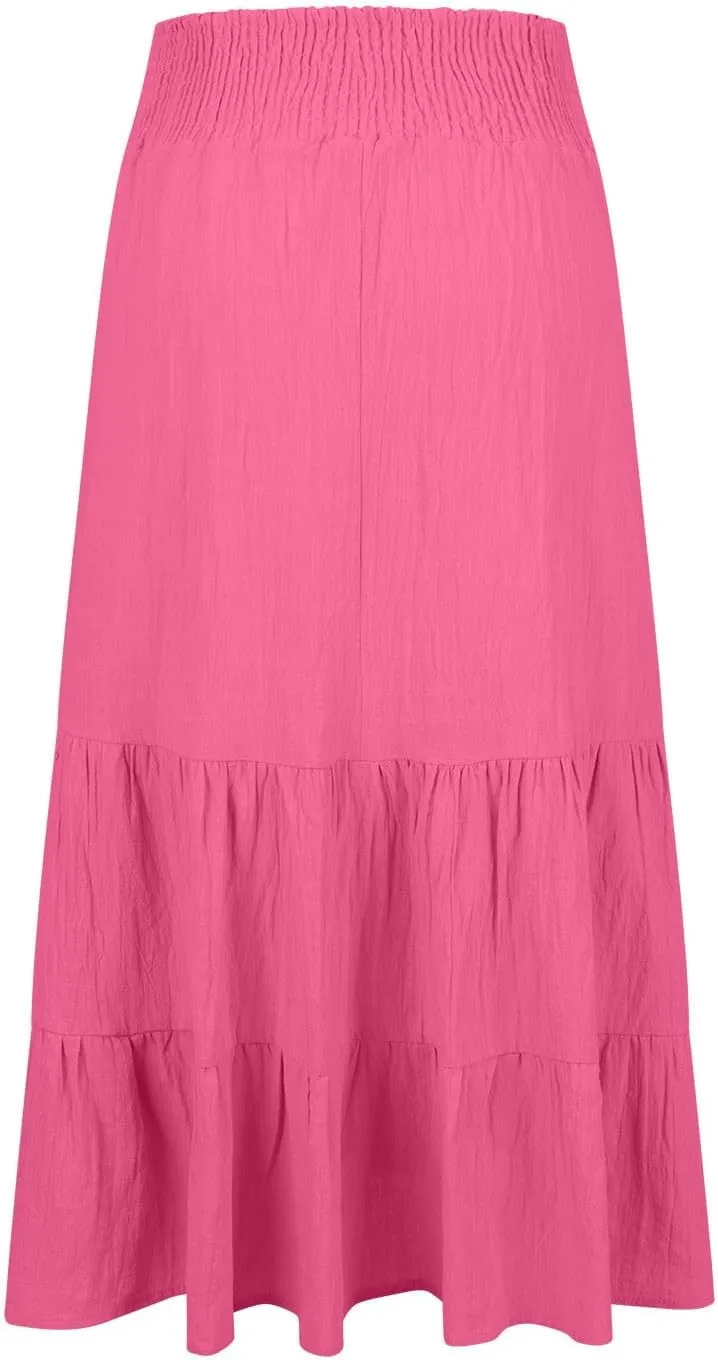 Lmdudan 2025 Women Summer Casual Elegant Smock Layered Tiered Maxi Skirt High Waisted A Line Flowy Long Skirts with Pockets