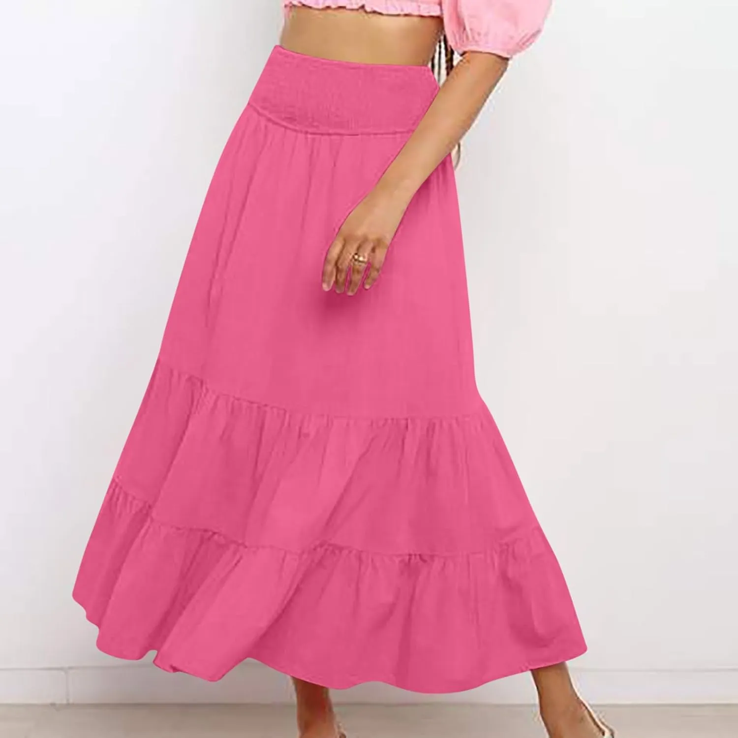 Lmdudan 2025 Women Summer Casual Elegant Smock Layered Tiered Maxi Skirt High Waisted A Line Flowy Long Skirts with Pockets