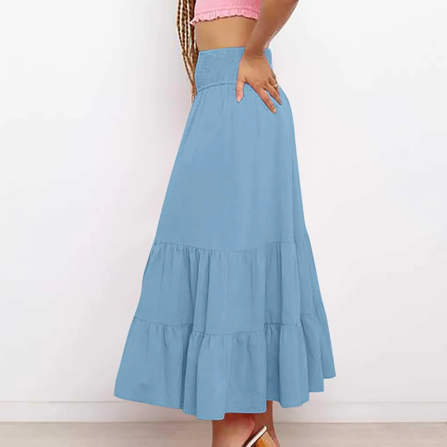 Lmdudan 2025 Women Summer Casual Elegant Smock Layered Tiered Maxi Skirt High Waisted A Line Flowy Long Skirts with Pockets