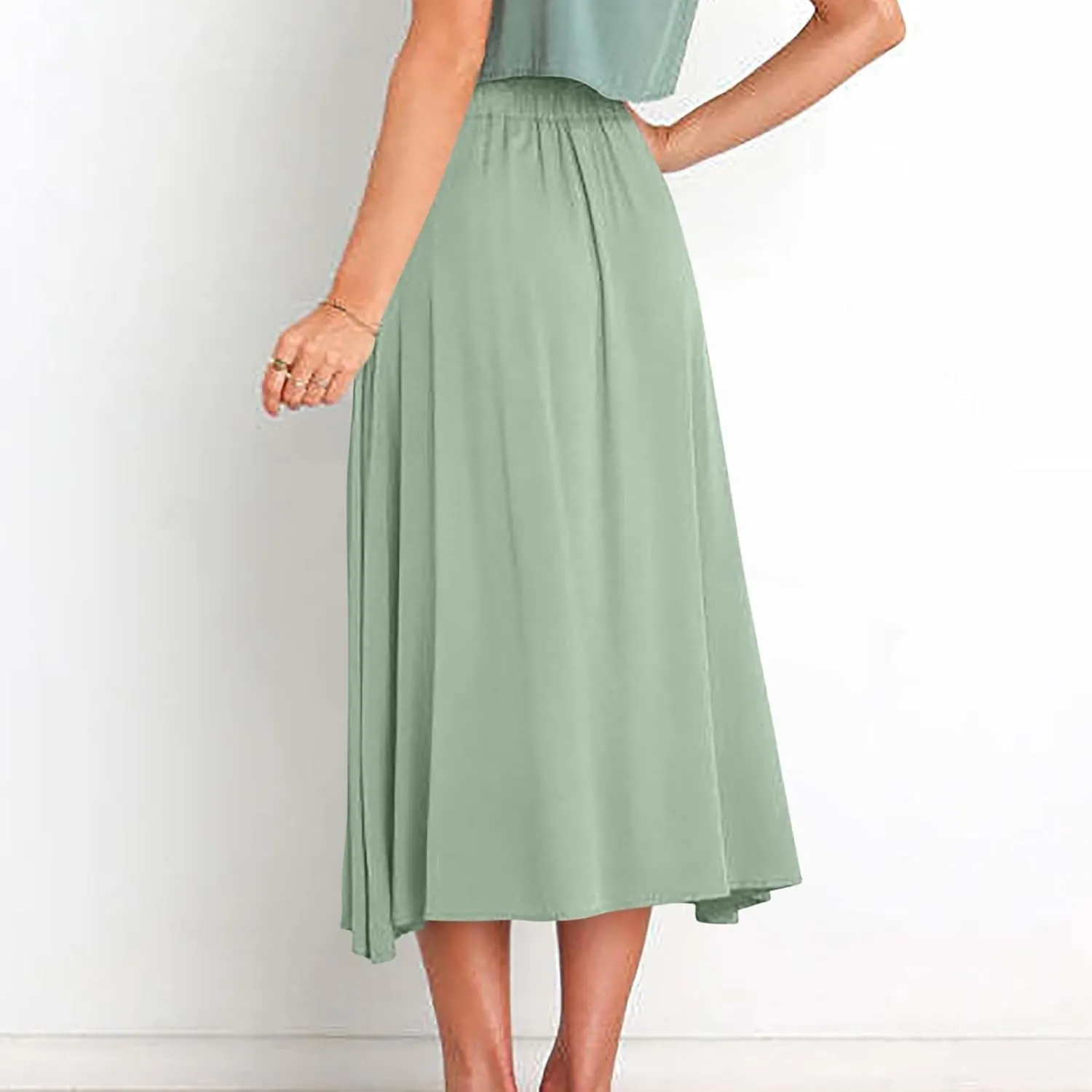 Lmdudan Women Button Down Flare Midi Skirt Trendy High Waisted A Line Flowy Skirts 2025 Summer Beach Solid Color Skirts