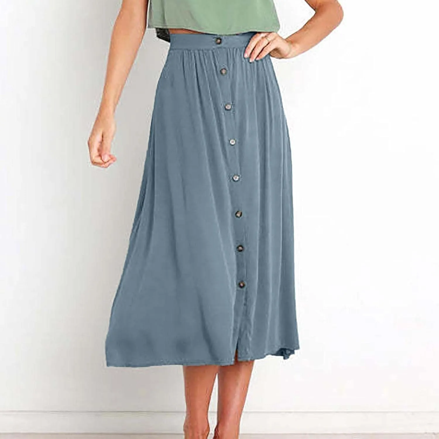 Lmdudan Women Button Down Flare Midi Skirt Trendy High Waisted A Line Flowy Skirts 2025 Summer Beach Solid Color Skirts