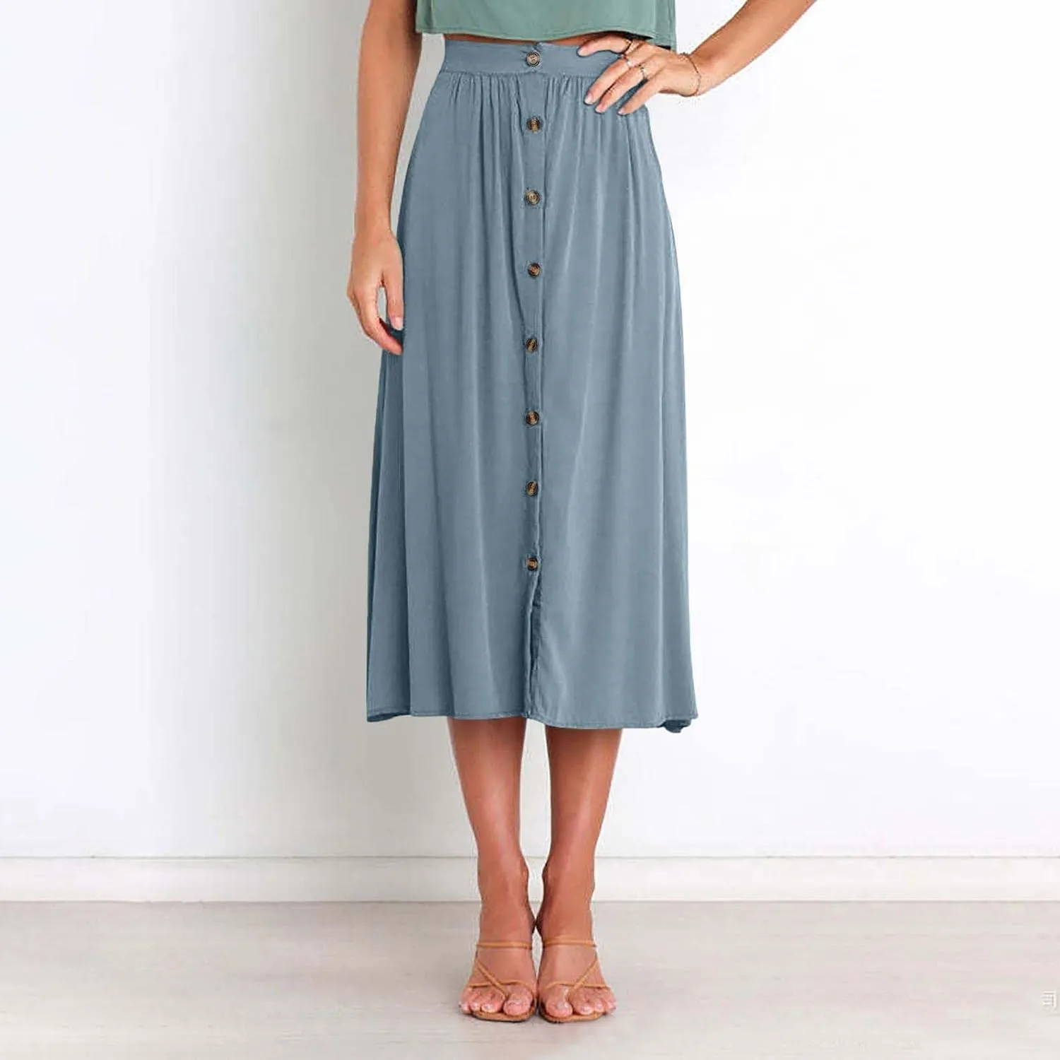 Lmdudan Women Button Down Flare Midi Skirt Trendy High Waisted A Line Flowy Skirts 2025 Summer Beach Solid Color Skirts