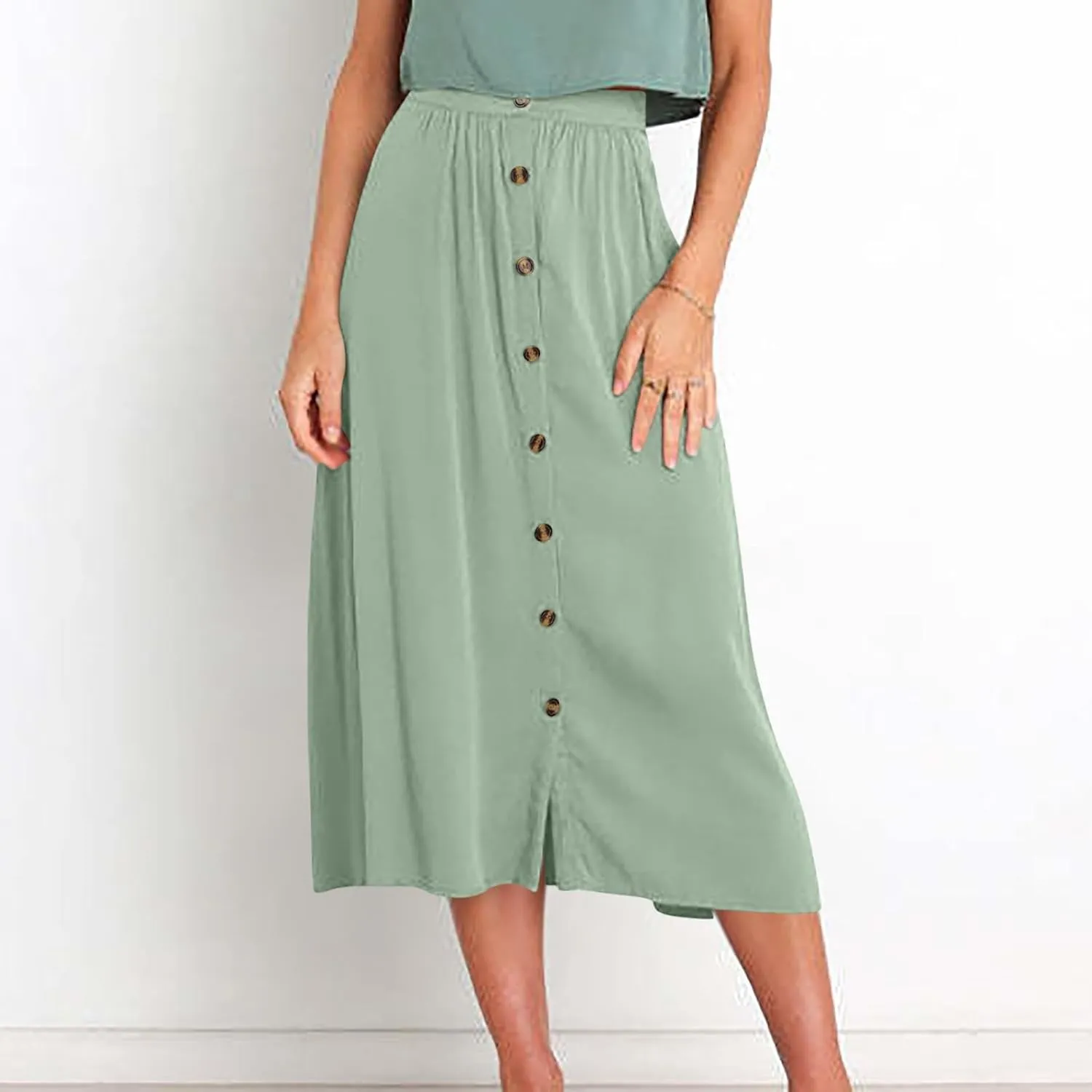 Lmdudan Women Button Down Flare Midi Skirt Trendy High Waisted A Line Flowy Skirts 2025 Summer Beach Solid Color Skirts