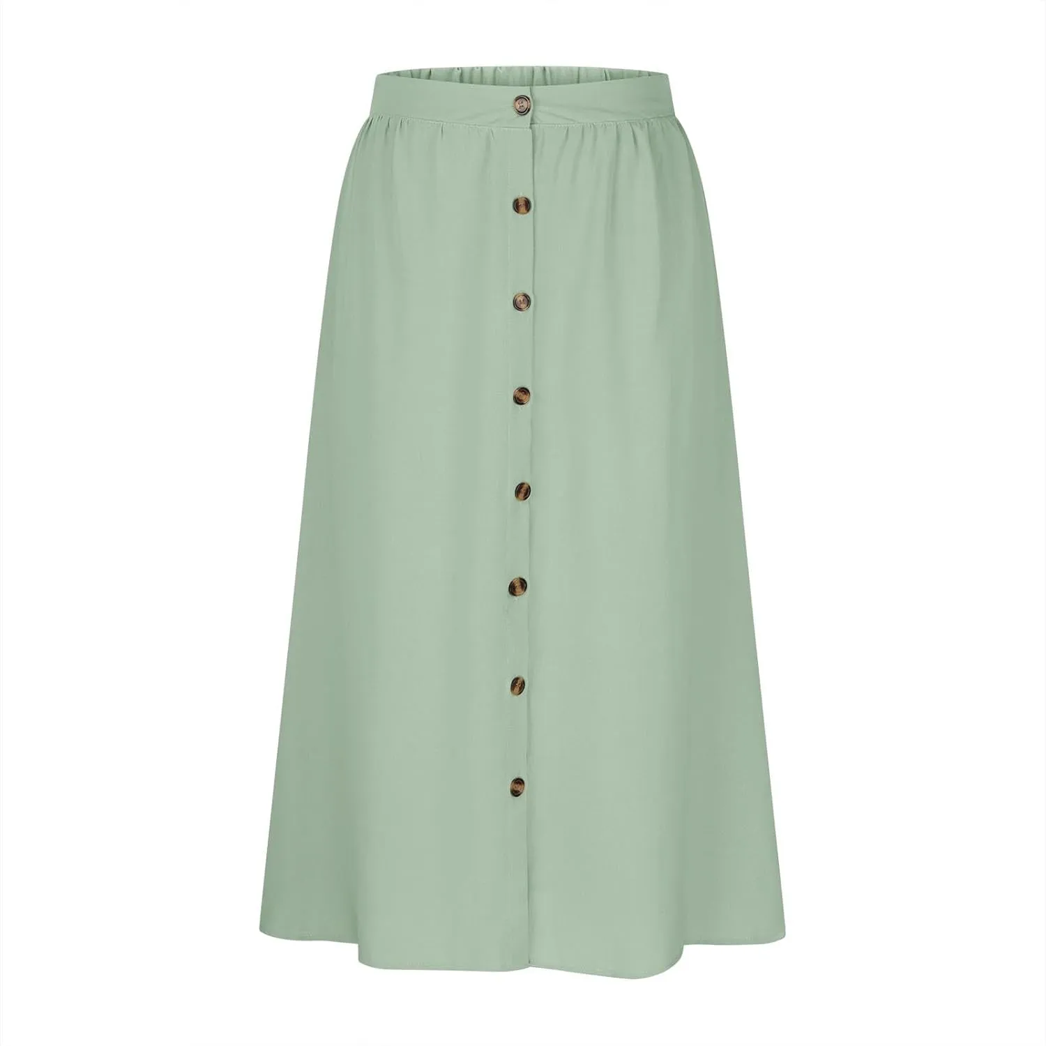 Lmdudan Women Button Down Flare Midi Skirt Trendy High Waisted A Line Flowy Skirts 2025 Summer Beach Solid Color Skirts