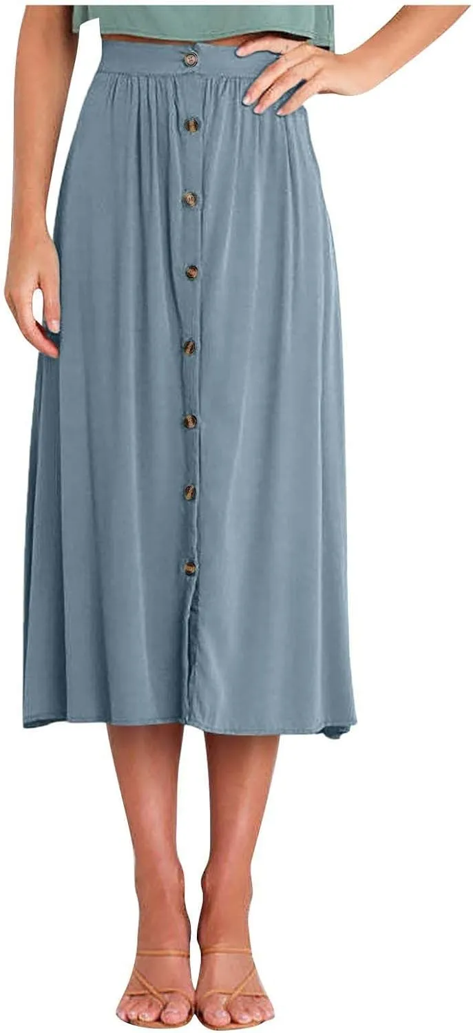 Lmdudan Women Button Down Flare Midi Skirt Trendy High Waisted A Line Flowy Skirts 2025 Summer Beach Solid Color Skirts