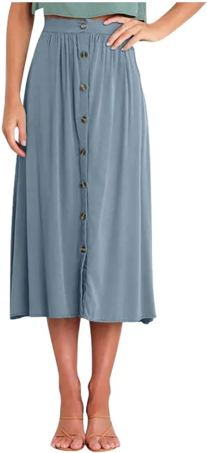 Lmdudan Women Button Down Flare Midi Skirt Trendy High Waisted A Line Flowy Skirts 2025 Summer Beach Solid Color Skirts
