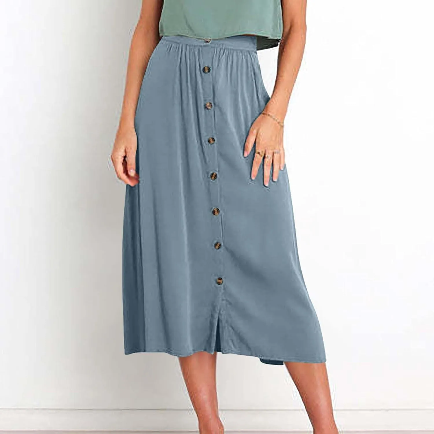 Lmdudan Women Button Down Flare Midi Skirt Trendy High Waisted A Line Flowy Skirts 2025 Summer Beach Solid Color Skirts