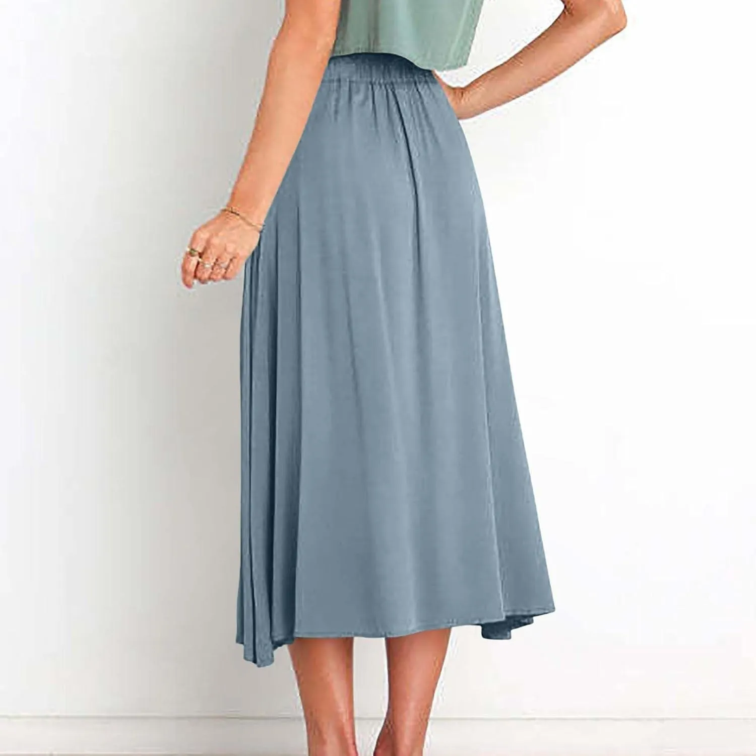 Lmdudan Women Button Down Flare Midi Skirt Trendy High Waisted A Line Flowy Skirts 2025 Summer Beach Solid Color Skirts