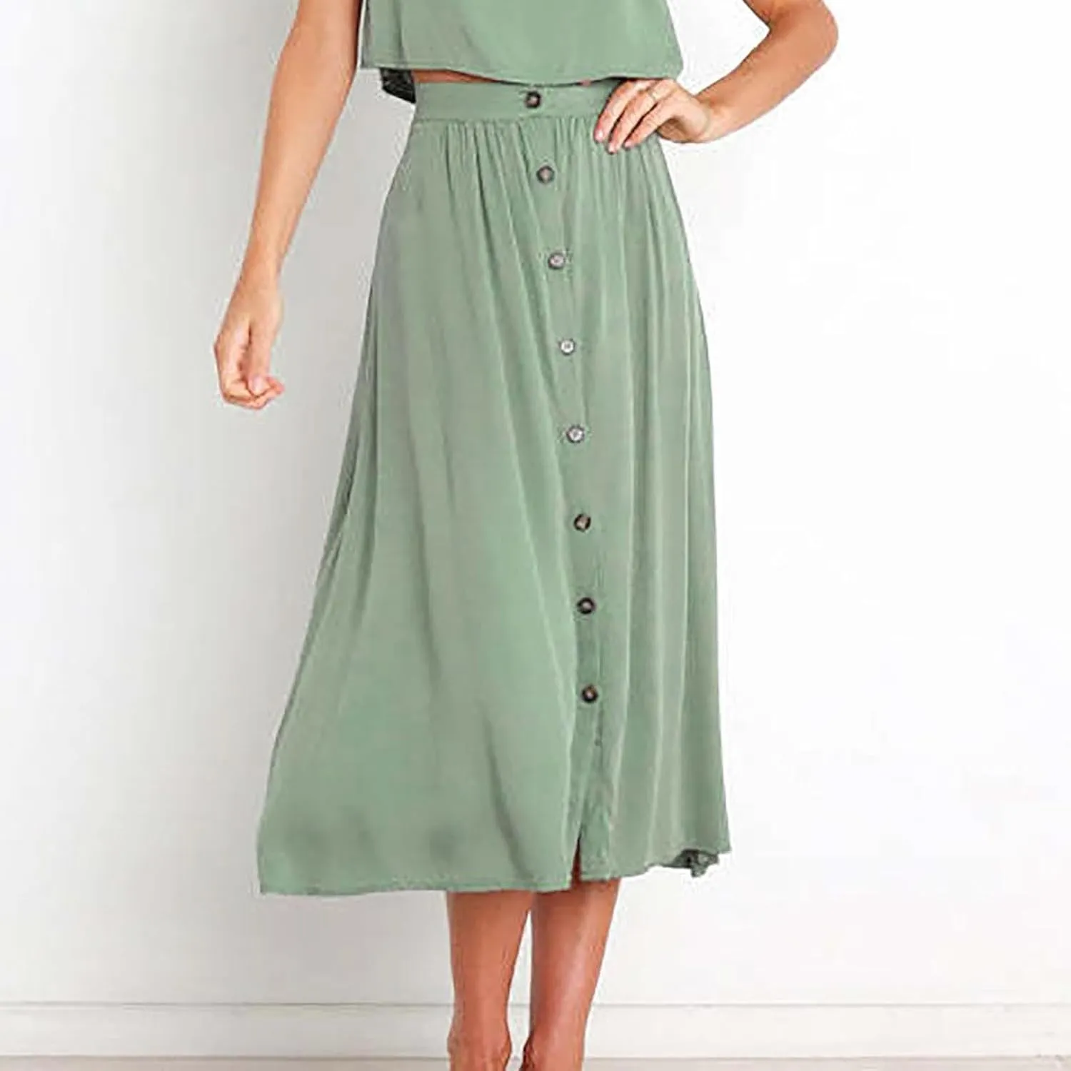 Lmdudan Women Button Down Flare Midi Skirt Trendy High Waisted A Line Flowy Skirts 2025 Summer Beach Solid Color Skirts