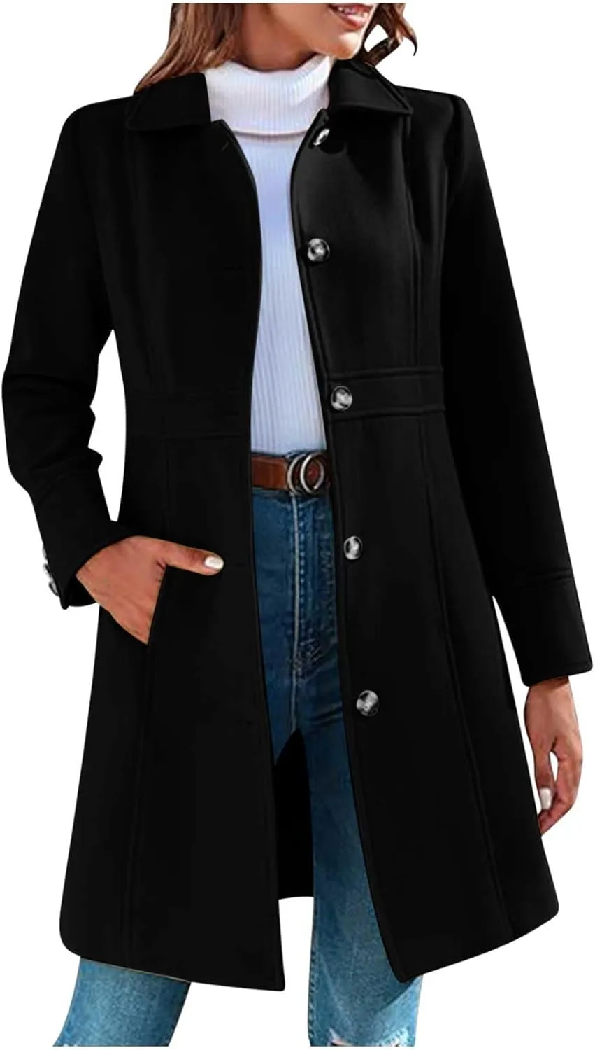 Lmdudan Women's Elegant Single Breasted Coat Long Sleeve Mid Winter Overcoat Work Office Pea Coats Fashion Trench Coats