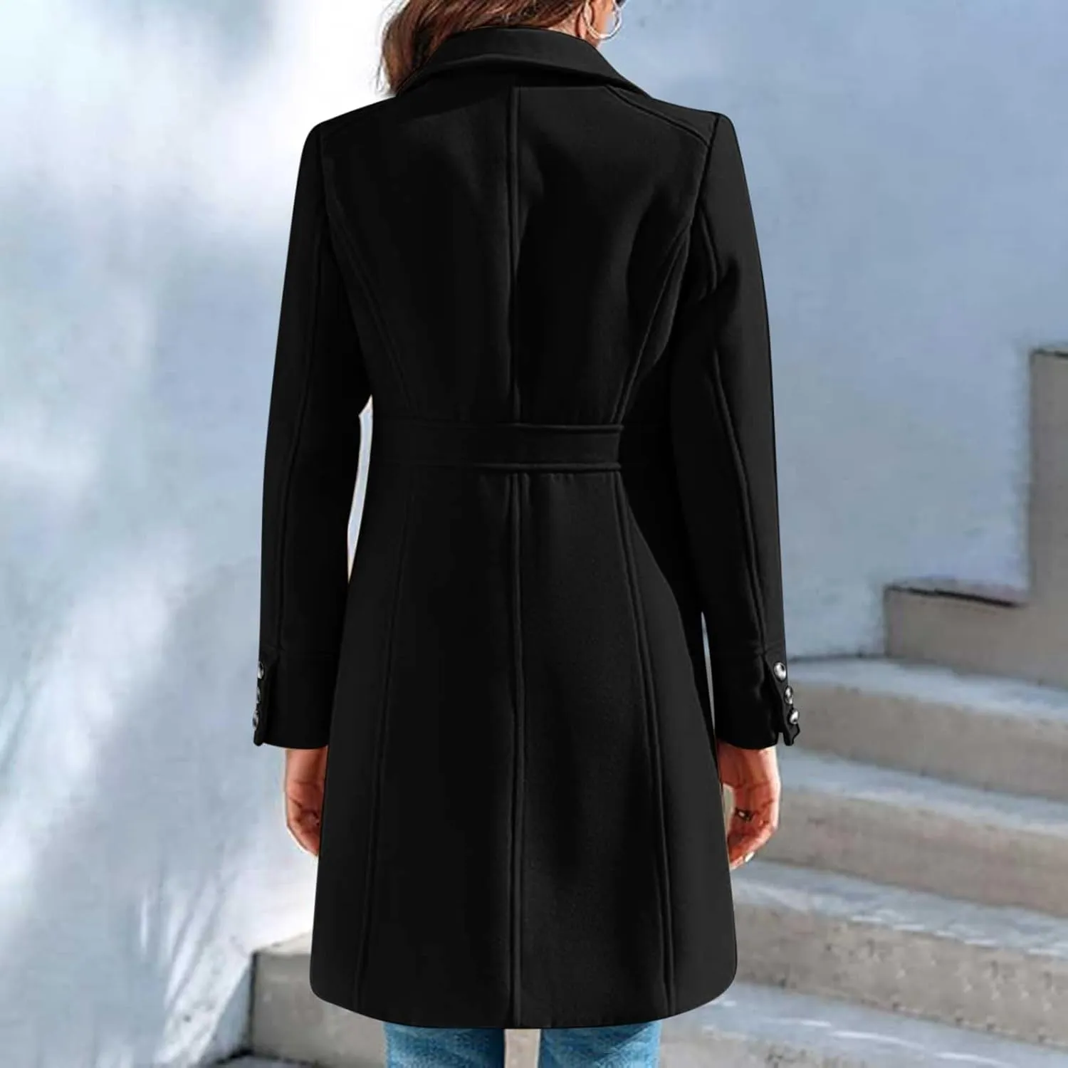 Lmdudan Women's Elegant Single Breasted Coat Long Sleeve Mid Winter Overcoat Work Office Pea Coats Fashion Trench Coats