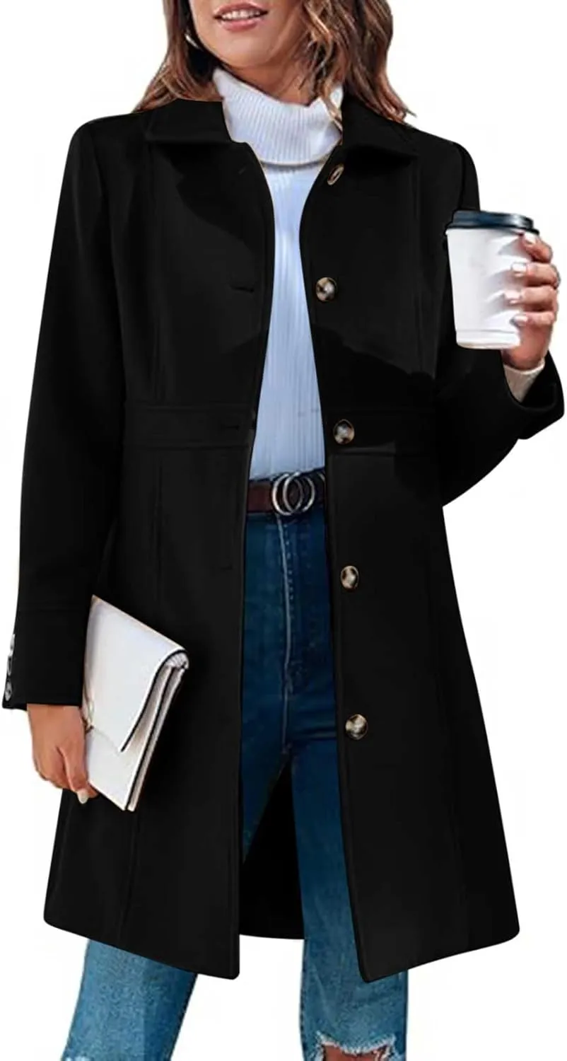 Lmdudan Women's Elegant Single Breasted Coat Long Sleeve Mid Winter Overcoat Work Office Pea Coats Fashion Trench Coats