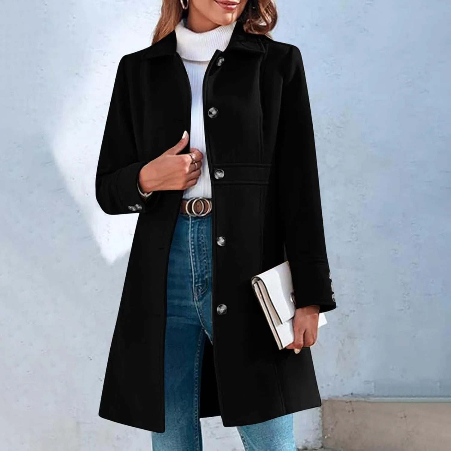 Lmdudan Women's Elegant Single Breasted Coat Long Sleeve Mid Winter Overcoat Work Office Pea Coats Fashion Trench Coats
