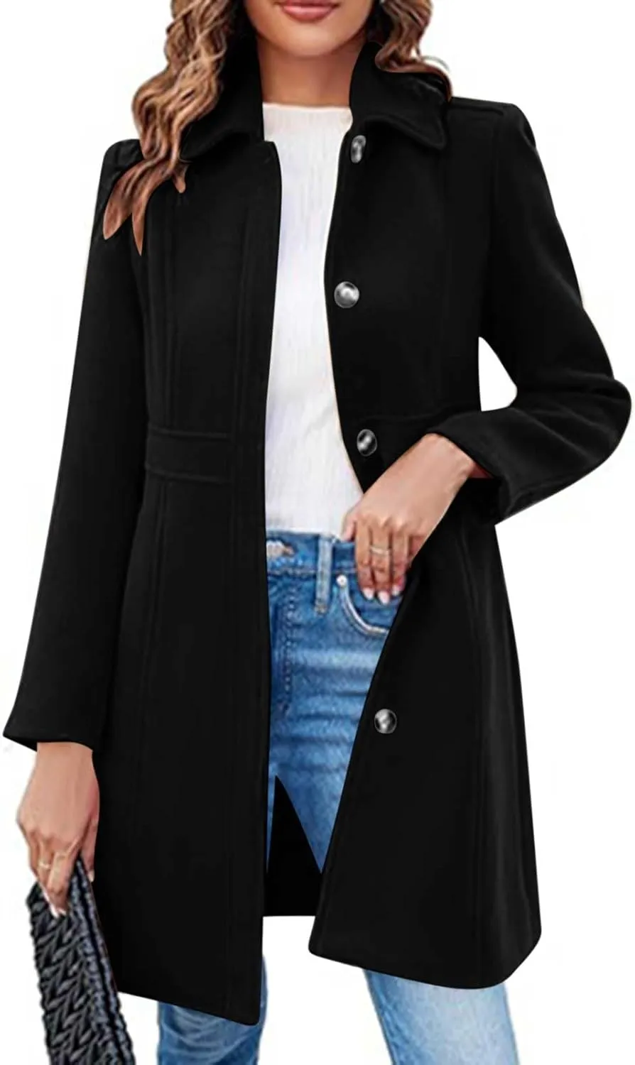 Lmdudan Women's Elegant Single Breasted Coat Long Sleeve Mid Winter Overcoat Work Office Pea Coats Fashion Trench Coats