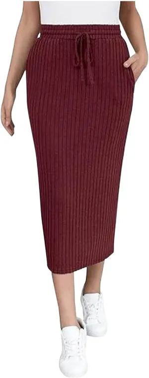 Lmdudan Women's Midi Skirt 2025 Trendy Elastic High Waisted Casual Stretchy Skirts Bodycon Knitted Pencil Skirts with Pocket