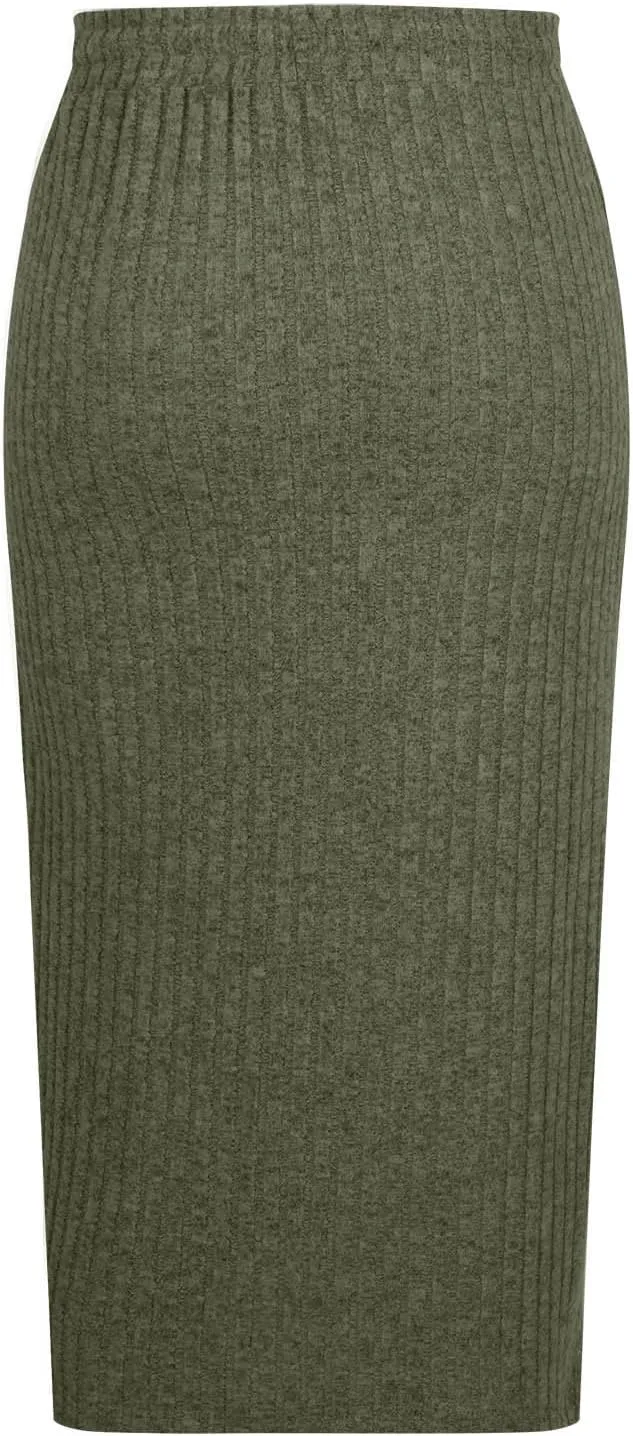 Lmdudan Women's Midi Skirt 2025 Trendy Elastic High Waisted Casual Stretchy Skirts Bodycon Knitted Pencil Skirts with Pocket