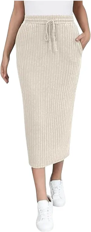 Lmdudan Women's Midi Skirt 2025 Trendy Elastic High Waisted Casual Stretchy Skirts Bodycon Knitted Pencil Skirts with Pocket