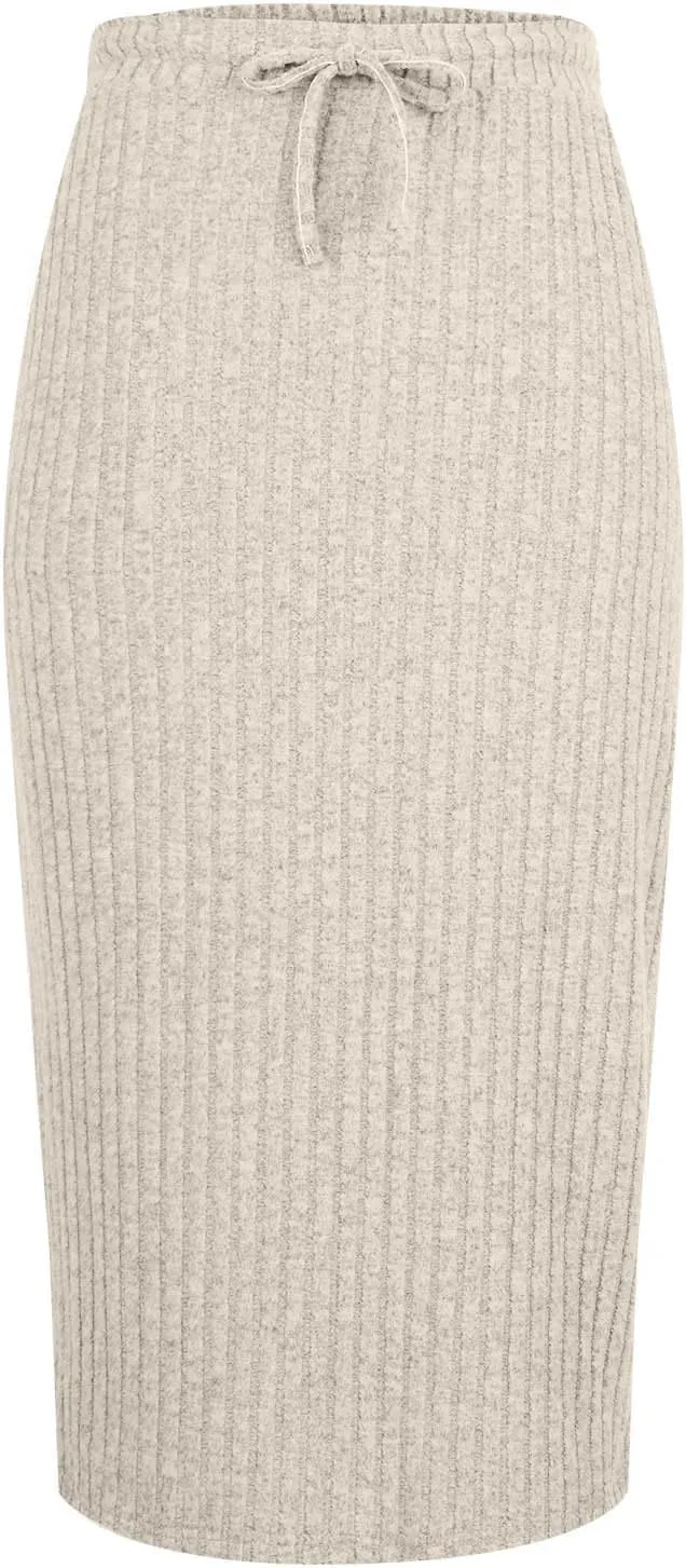 Lmdudan Women's Midi Skirt 2025 Trendy Elastic High Waisted Casual Stretchy Skirts Bodycon Knitted Pencil Skirts with Pocket