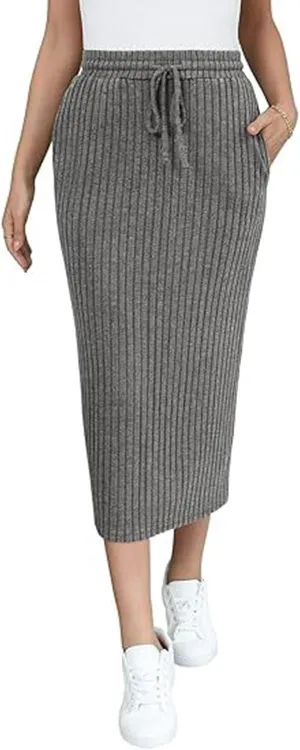 Lmdudan Women's Midi Skirt 2025 Trendy Elastic High Waisted Casual Stretchy Skirts Bodycon Knitted Pencil Skirts with Pocket