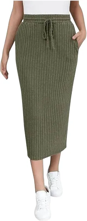 Lmdudan Women's Midi Skirt 2025 Trendy Elastic High Waisted Casual Stretchy Skirts Bodycon Knitted Pencil Skirts with Pocket
