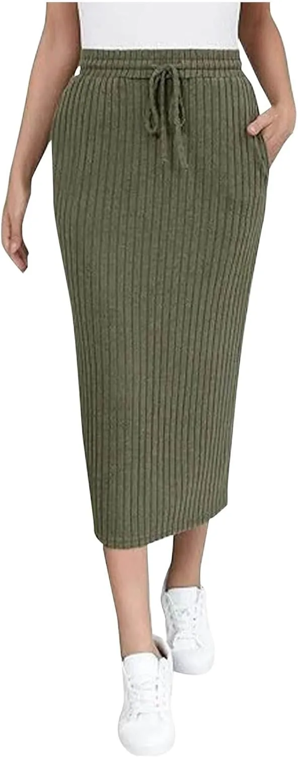Lmdudan Women's Midi Skirt 2025 Trendy Elastic High Waisted Casual Stretchy Skirts Bodycon Knitted Pencil Skirts with Pocket