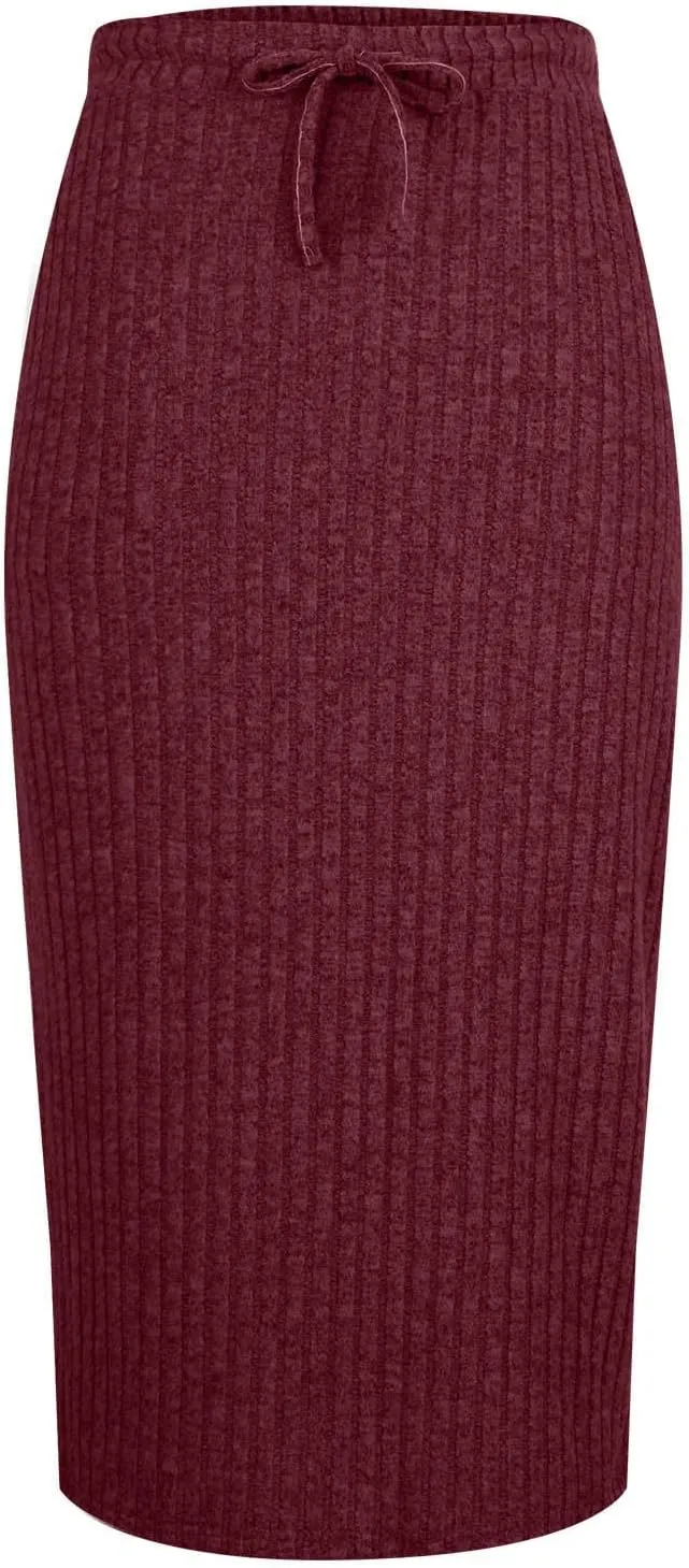 Lmdudan Women's Midi Skirt 2025 Trendy Elastic High Waisted Casual Stretchy Skirts Bodycon Knitted Pencil Skirts with Pocket