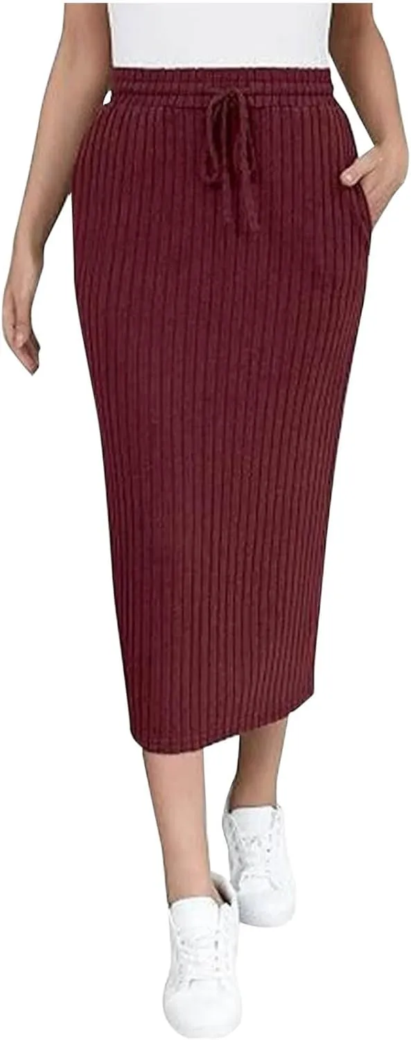 Lmdudan Women's Midi Skirt 2025 Trendy Elastic High Waisted Casual Stretchy Skirts Bodycon Knitted Pencil Skirts with Pocket