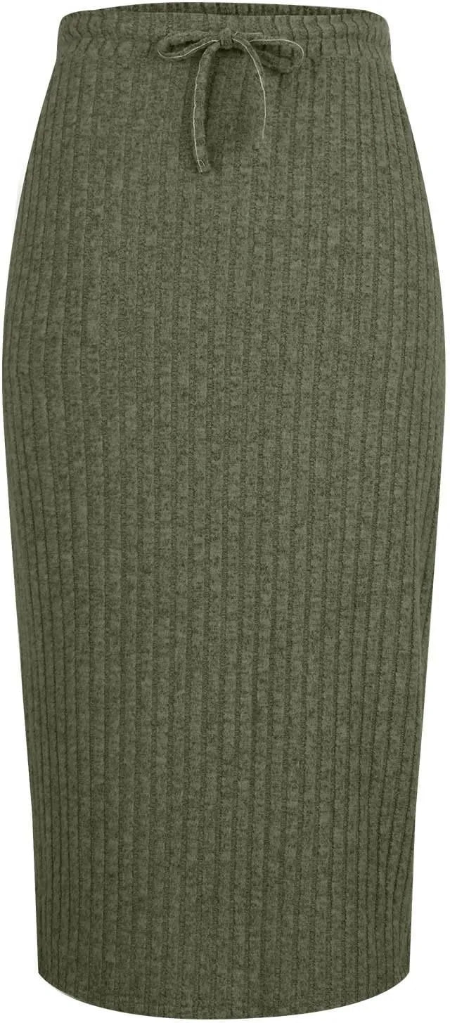 Lmdudan Women's Midi Skirt 2025 Trendy Elastic High Waisted Casual Stretchy Skirts Bodycon Knitted Pencil Skirts with Pocket