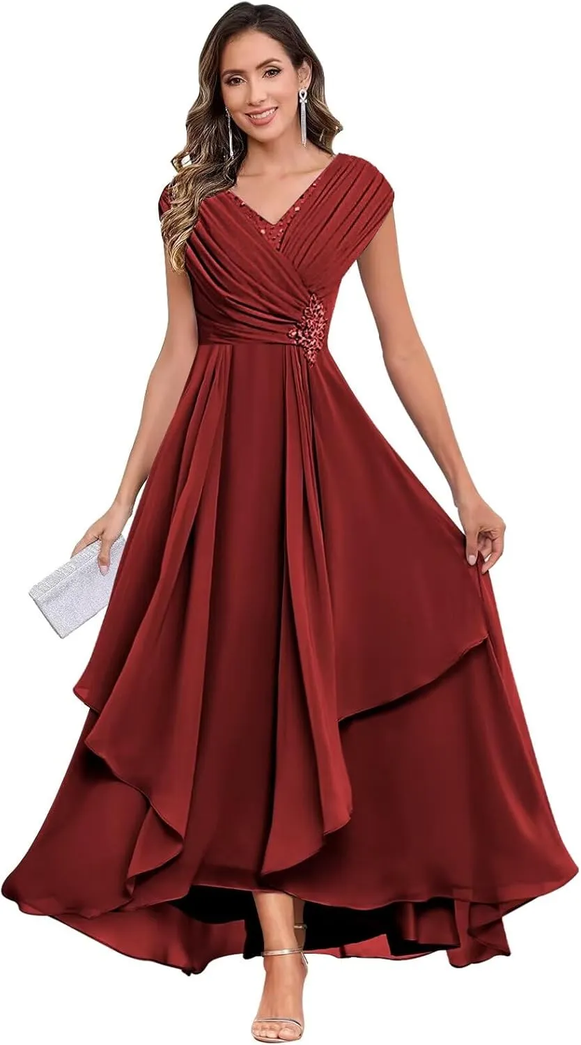 Long Chiffon Mother of The Bride Dresses for Women A Line V Neck Pleated Formal Evening Dress