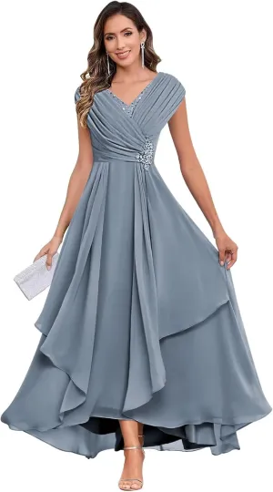 Long Chiffon Mother of The Bride Dresses for Women A Line V Neck Pleated Formal Evening Dress