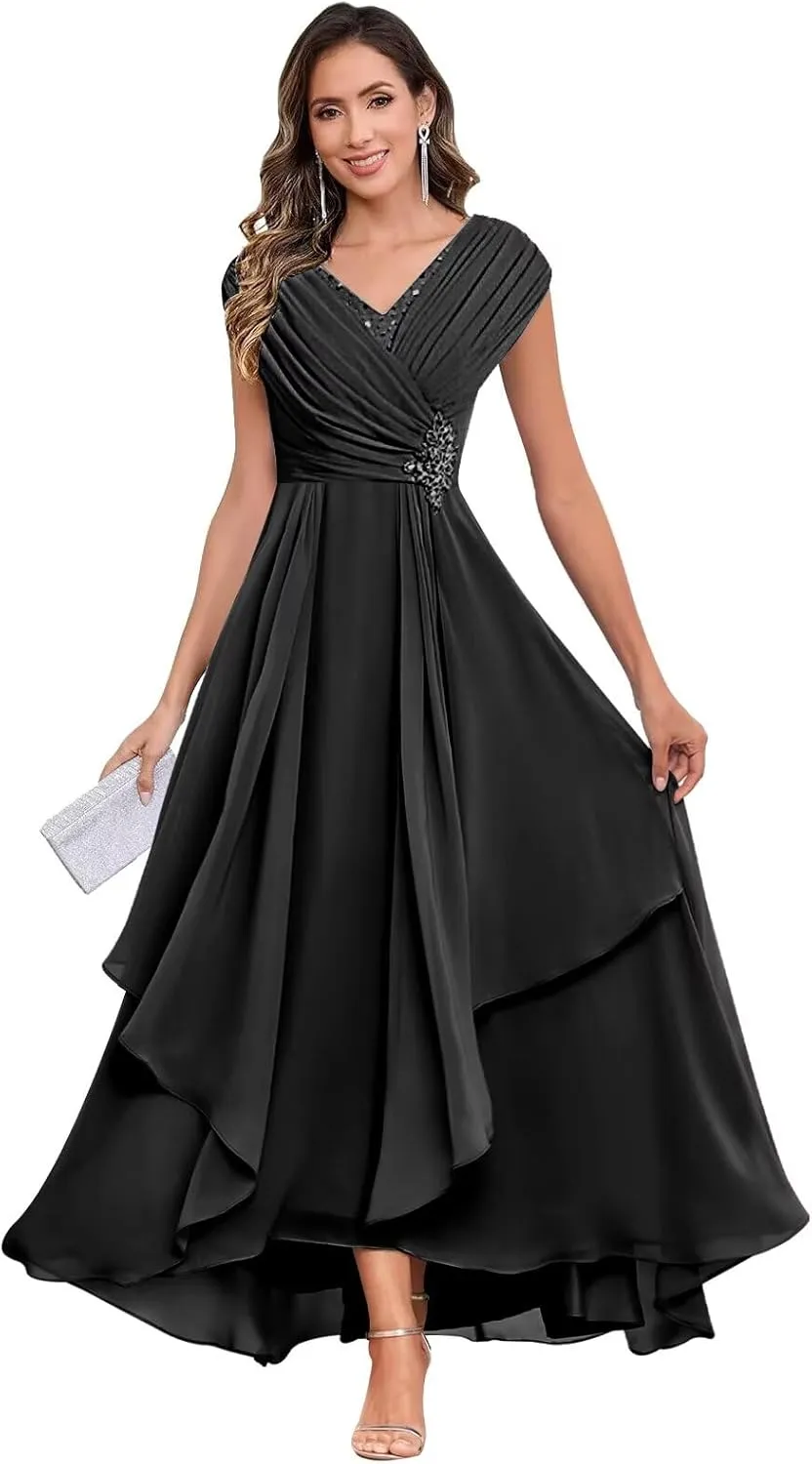 Long Chiffon Mother of The Bride Dresses for Women A Line V Neck Pleated Formal Evening Dress