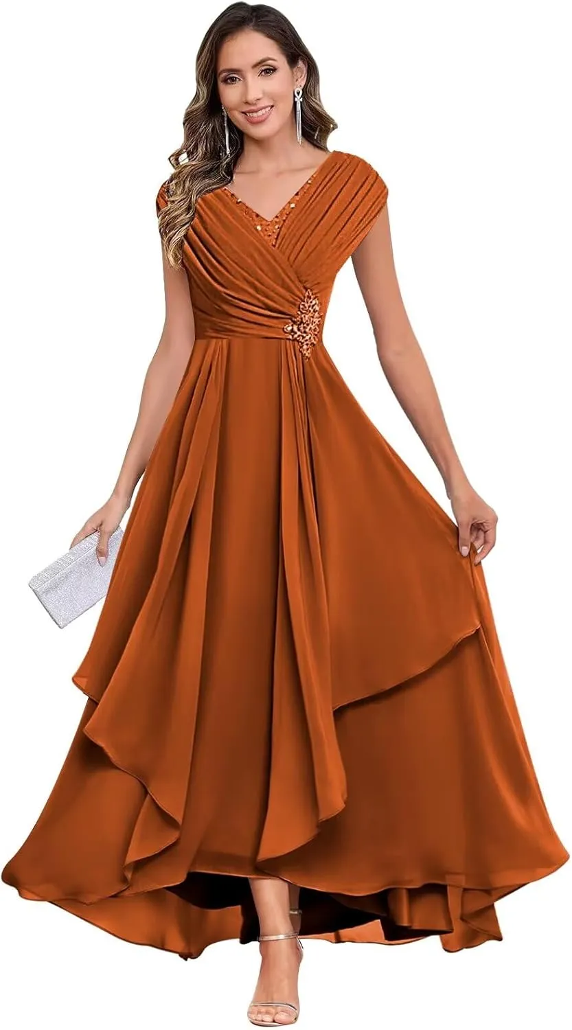Long Chiffon Mother of The Bride Dresses for Women A Line V Neck Pleated Formal Evening Dress