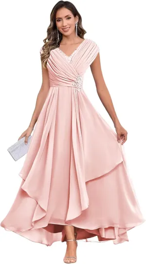 Long Chiffon Mother of The Bride Dresses for Women A Line V Neck Pleated Formal Evening Dress