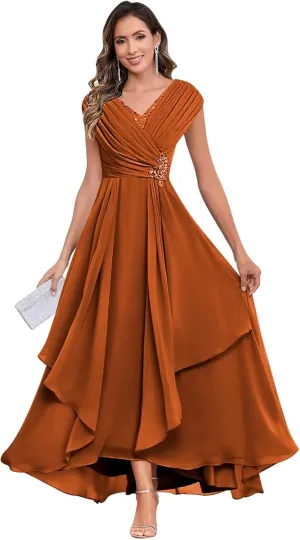 Long Chiffon Mother of The Bride Dresses for Women A Line V Neck Pleated Formal Evening Dress