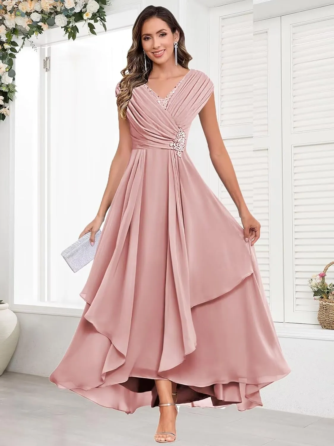 Long Chiffon Mother of The Bride Dresses for Women A Line V Neck Pleated Formal Evening Dress
