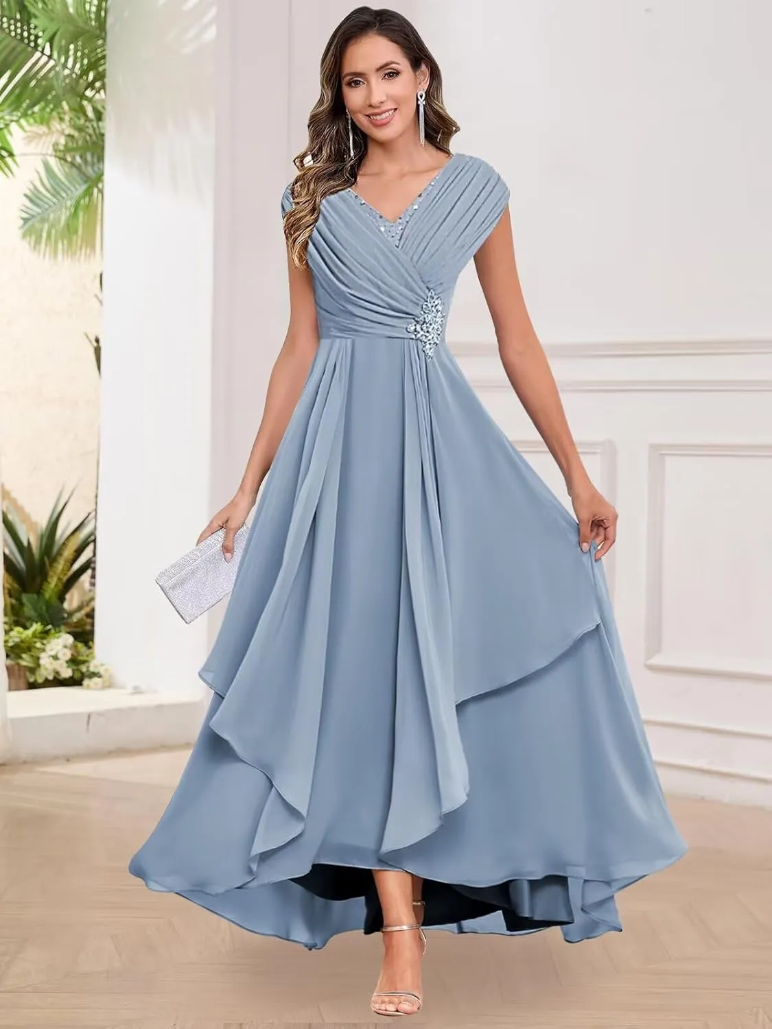 Long Chiffon Mother of The Bride Dresses for Women A Line V Neck Pleated Formal Evening Dress
